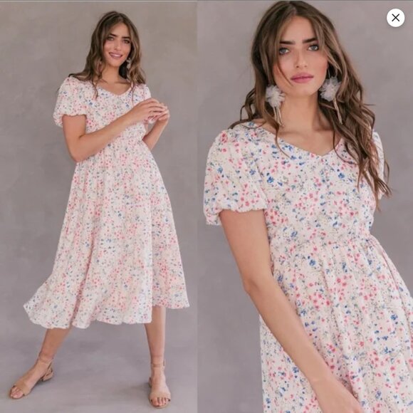 JessaKae Floral Highbury Baby Pink Midi Dress Women's XS Spring Summer - Picture 2 of 16